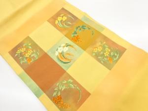 格子に草花模様織出し名古屋帯